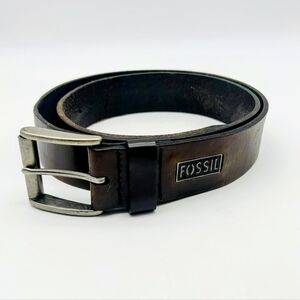 Vntg 90s Fossil brass buckle brown distressed leather full grain cowhide belt 40
